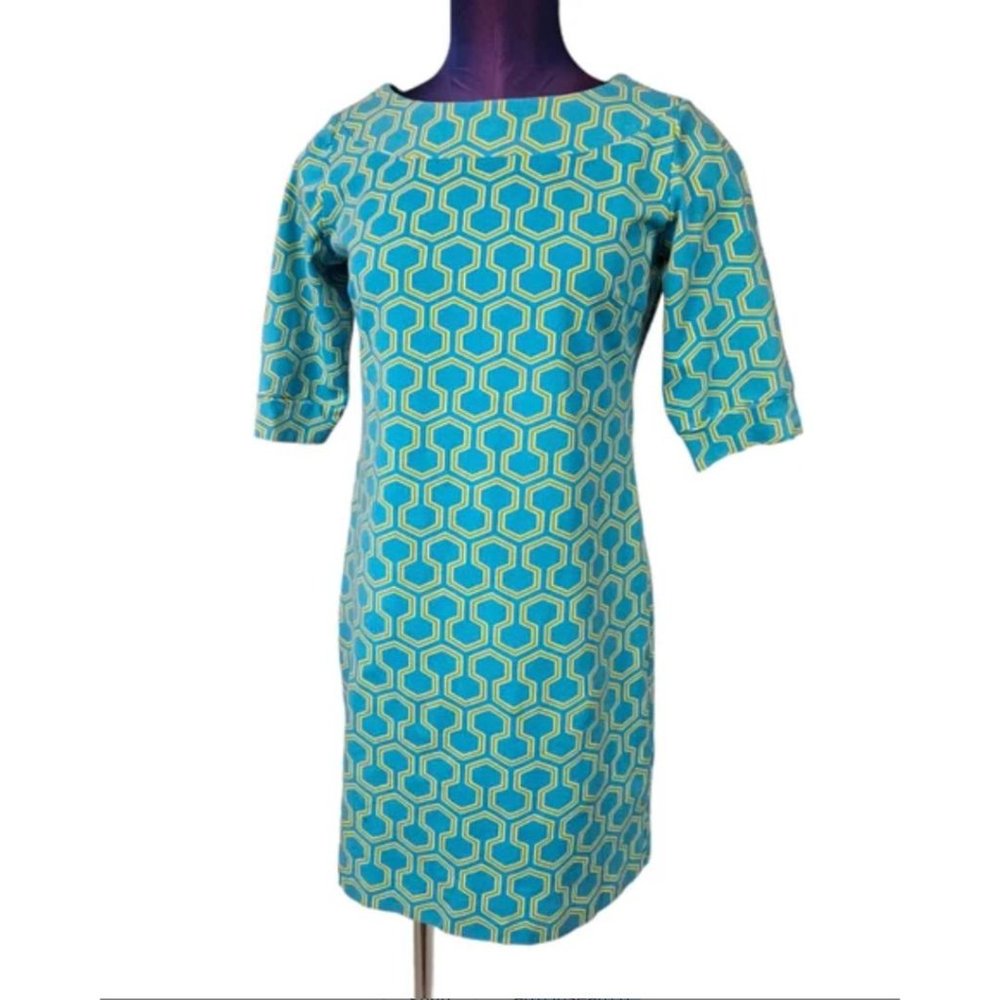 Skirtin Around Blue & Lime Green Geometric Sheath Dress Size 8 Women's